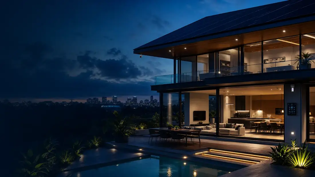 Modern sustainable smart home at night